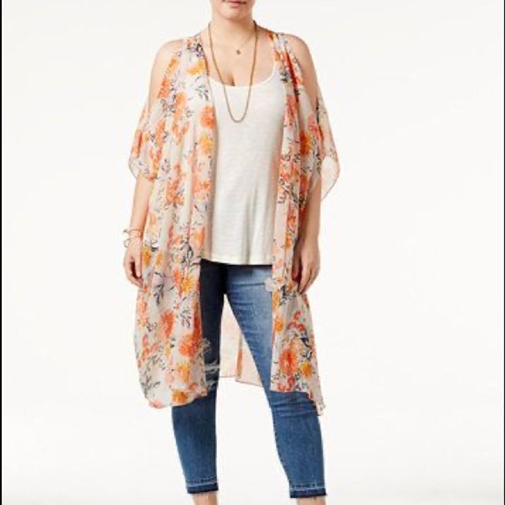American Rag Chiffon Geranium Floral Cold Shoulder Open Front Kimono Cover Up 1X